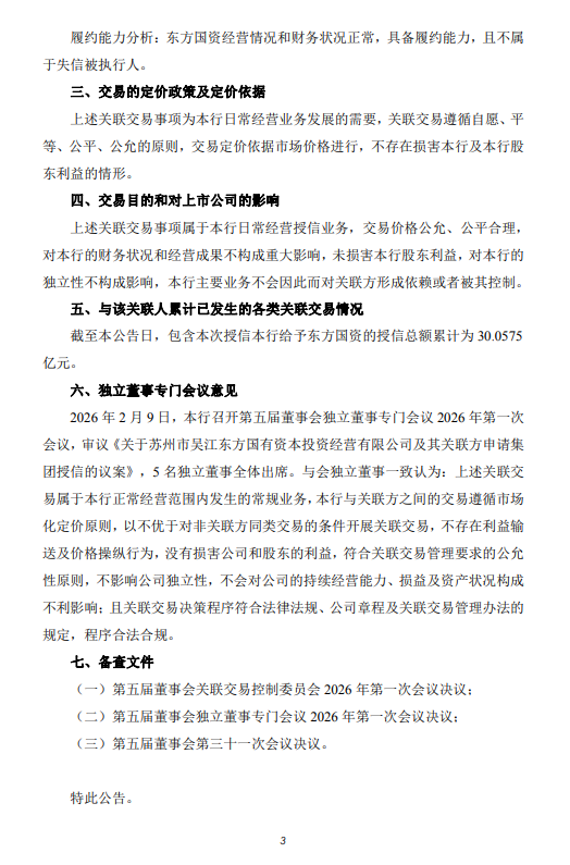 苏州银行：拟对东方国资授信30.06亿元