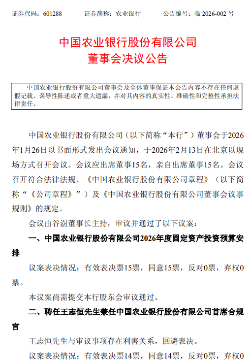 农业银行：聘任行长王志恒兼任首席合规官
