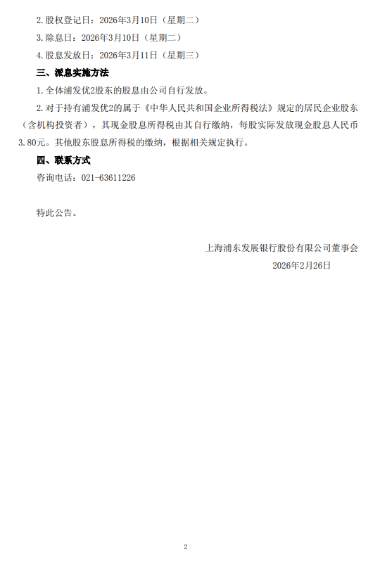 浦发银行:将于3月11日派发“浦发优2”每股现金股息3.80元
