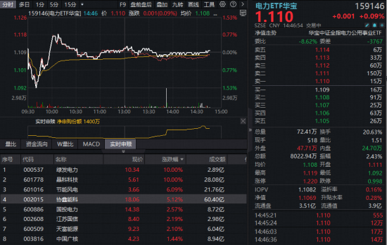 新高后震荡，华宝基金电力ETF（159146）吸金！AI驱动电力需求爆发，绿能先行，绿发电力涨停！