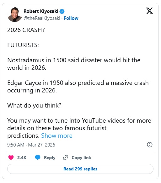 《富爸爸穷爸爸》作者清崎揭示他对“2026年大崩盘”的计划