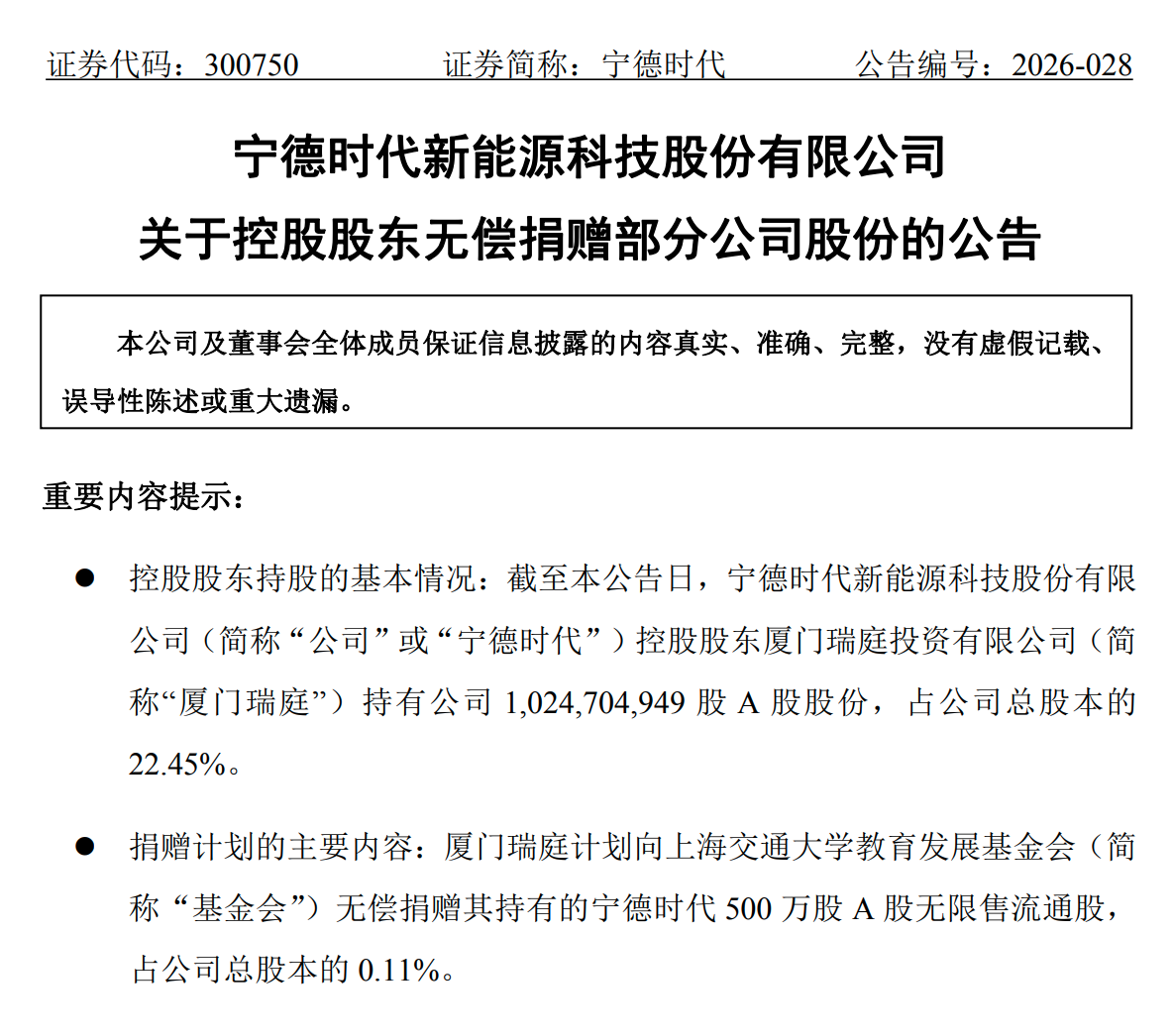 宁德时代曾毓群再向上海交大捐赠20亿元，累计捐赠额已达34亿元