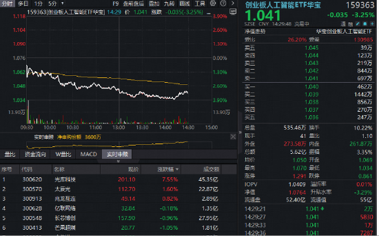 创业板人工智能ETF华宝(159363)跌逾3%,资金反复逢低建仓!绩优光模块仍占优,光库科技逆市新高!