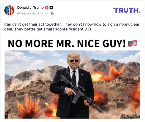 特朗普发AI持枪图威胁伊朗：“不再做好好先生！”