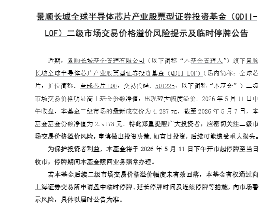 景顺长城全球芯片LOF(501225)发停牌公告:因大幅溢价!5月11日自13:00至15:00收市停牌