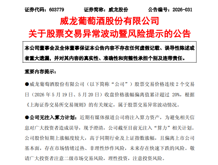 6连板牛股威龙股份,紧急公告